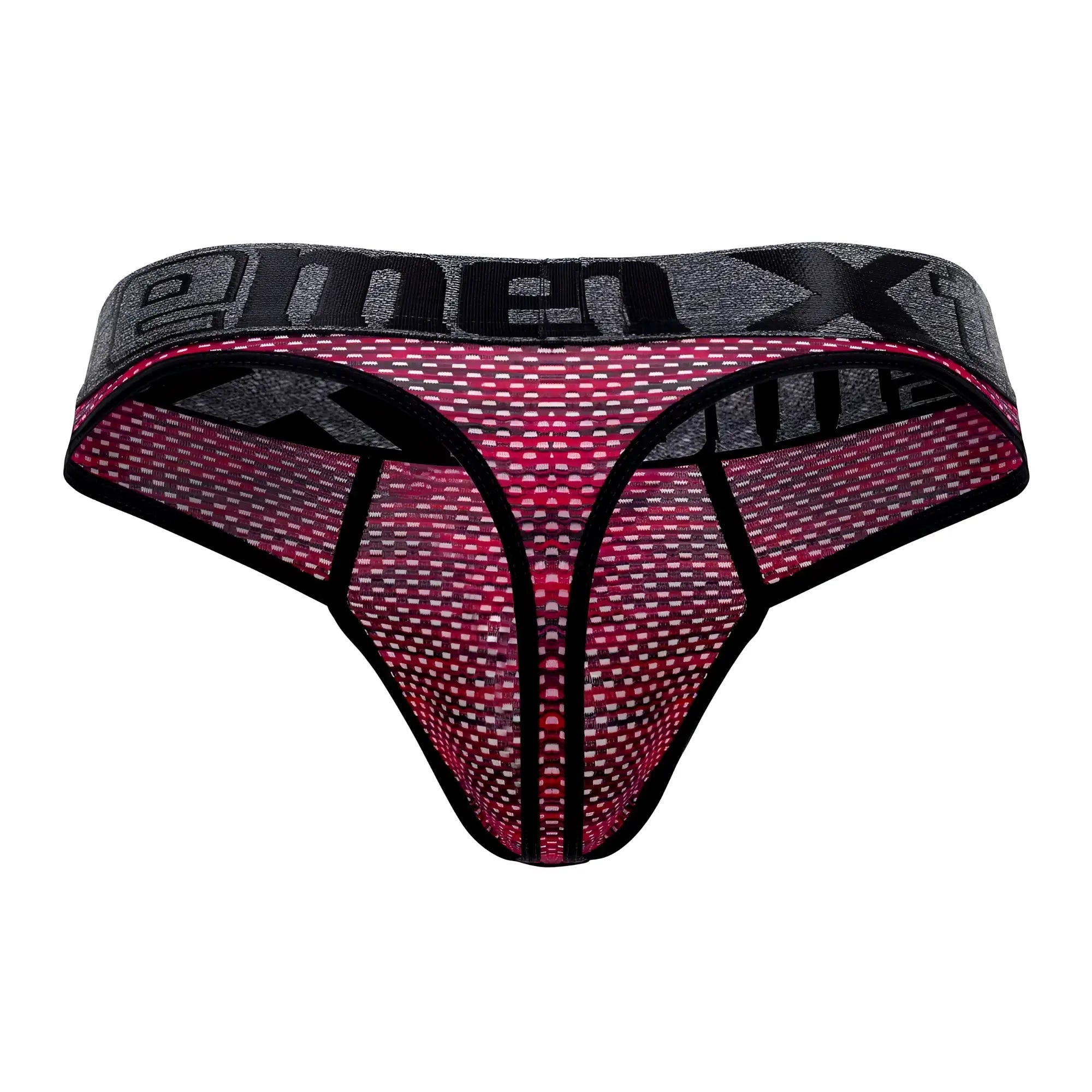 Pink and gray microfiber mesh thong with black trim and menx branding from xtremen 91100x collection in red color