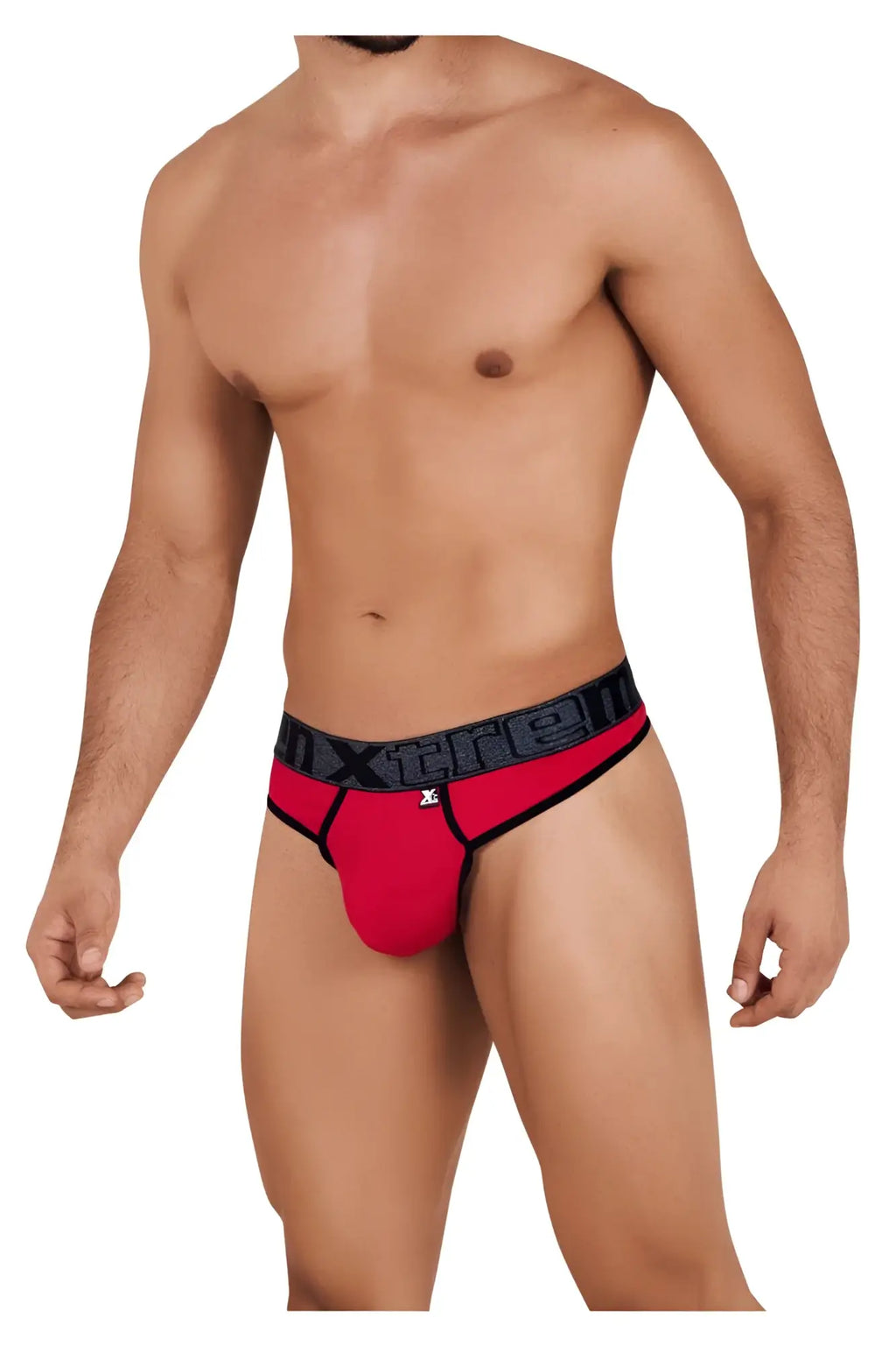 Red and black xtremen 91101 microfiber thongs for men with bold x-treme logo waistband visible from the front