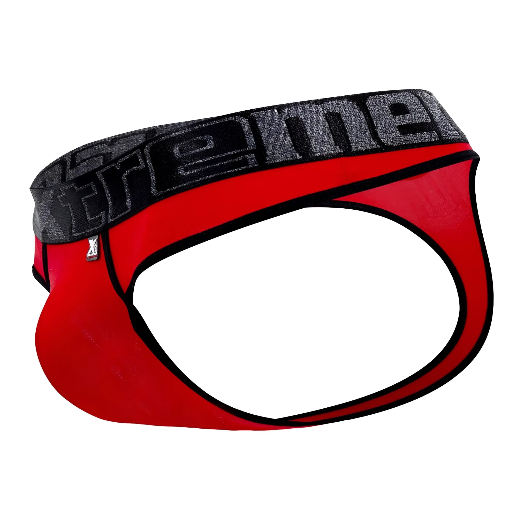 Red and black xtremen 91101 microfiber thongs with textured gray waistband featuring extreme logo