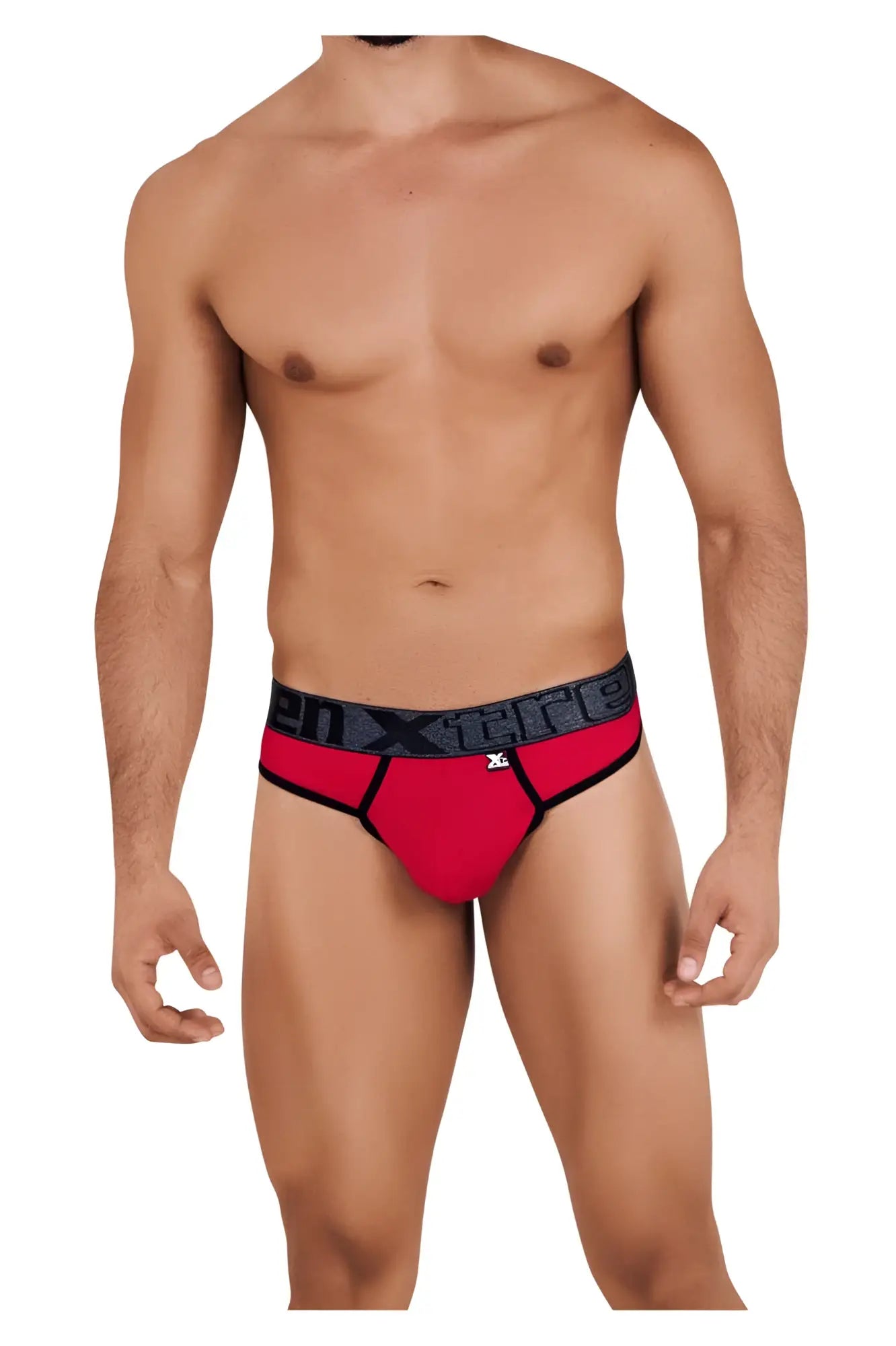 Red xtremen 91101 microfiber men’s briefs with black elastic waistband featuring white xtreme logo