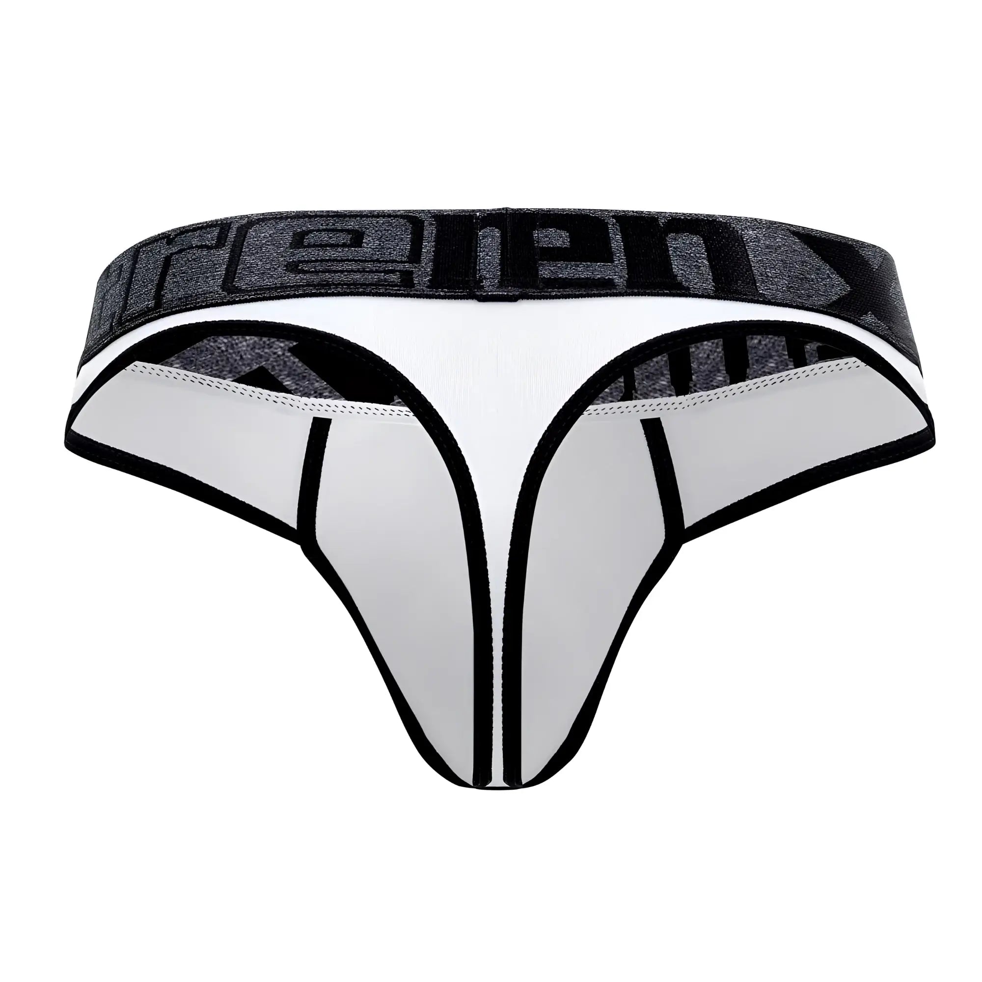 Xtremen 91101 microfiber thongs in white with black accents and a textured gray reeebok waistband showing front view