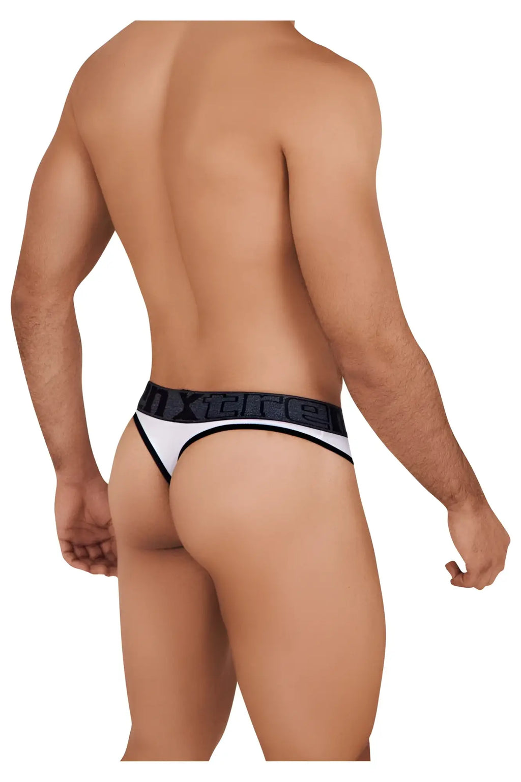 White and black microfiber thongs with a bold dark gray xtreme logo waistband seen from the back side