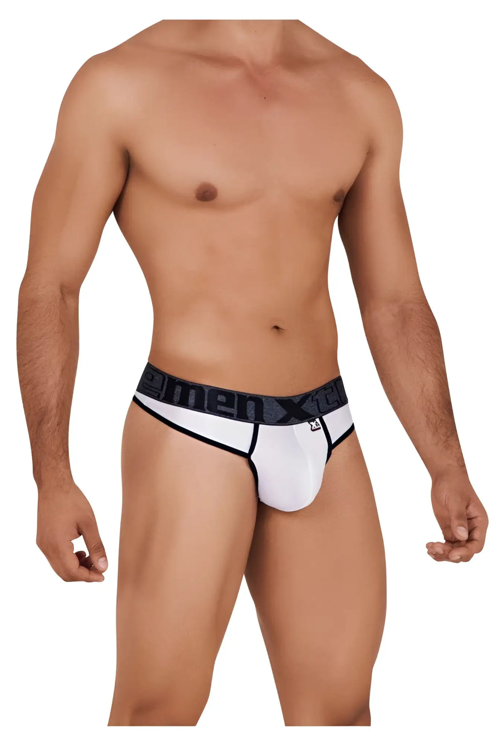 Xtremen 91101 white microfiber men’s briefs with black elastic waistband and menx logo in gray