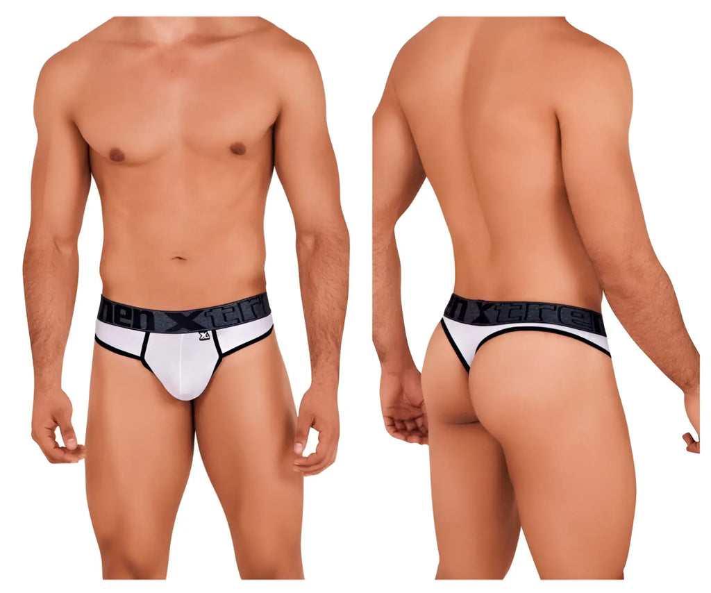 White Xtremen 91101 microfiber thongs with black waistband and men xter logo in white lettering