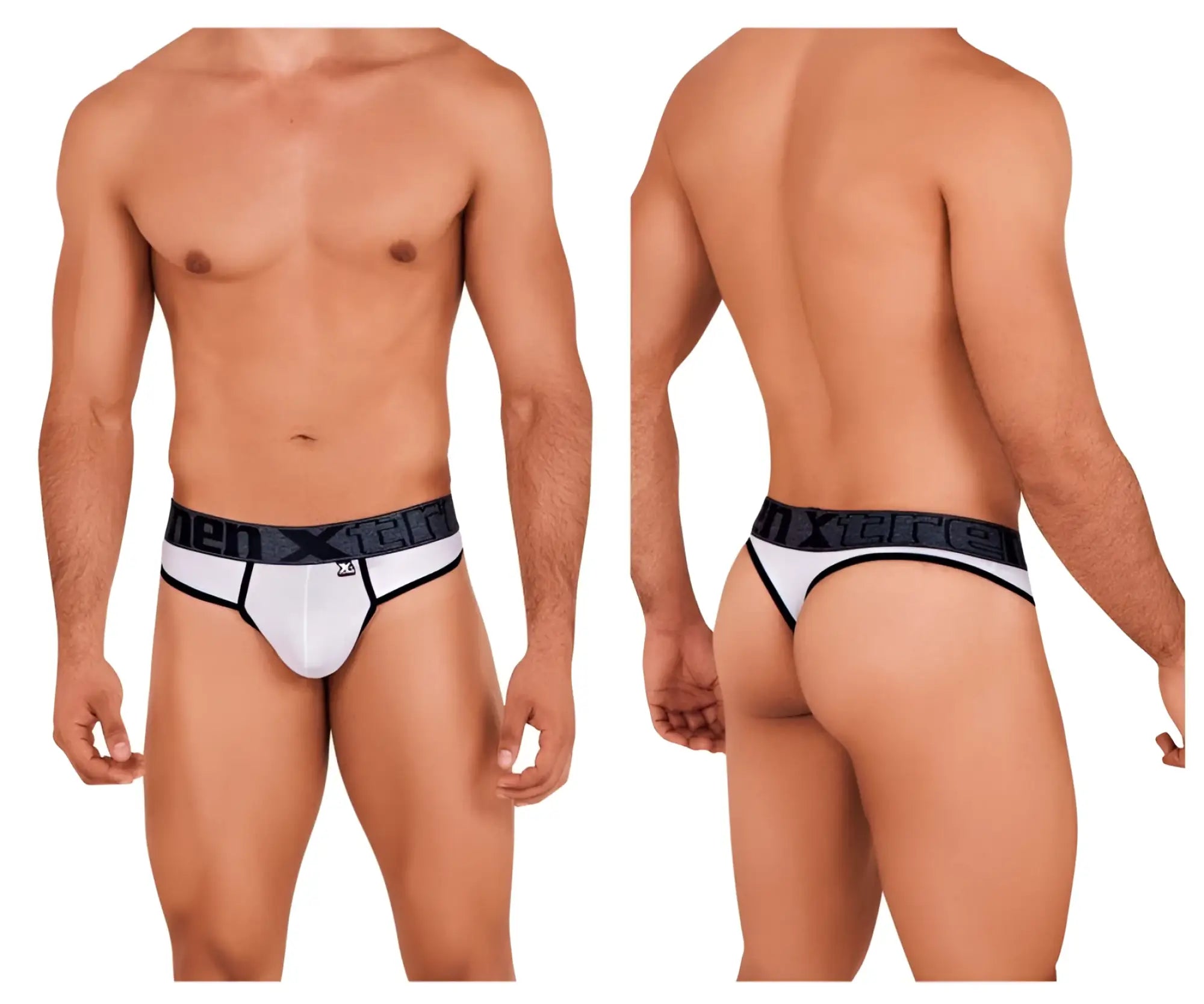 White Xtremen 91101 microfiber thongs with black waistband and men xter logo in white lettering