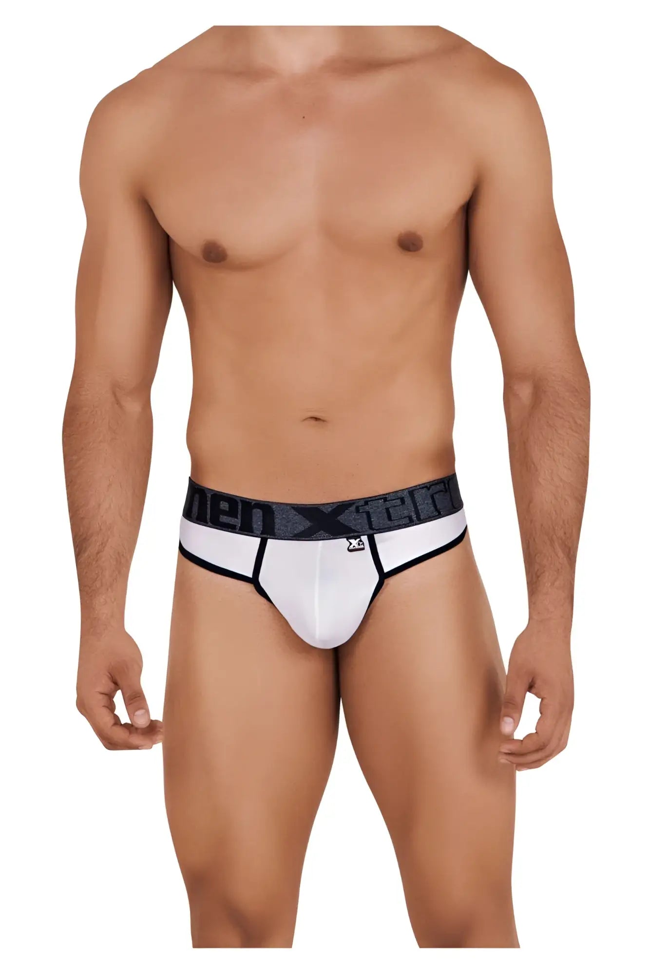 White xtremen 91101 microfiber men’s briefs with black waistband featuring men x12 logo in gray