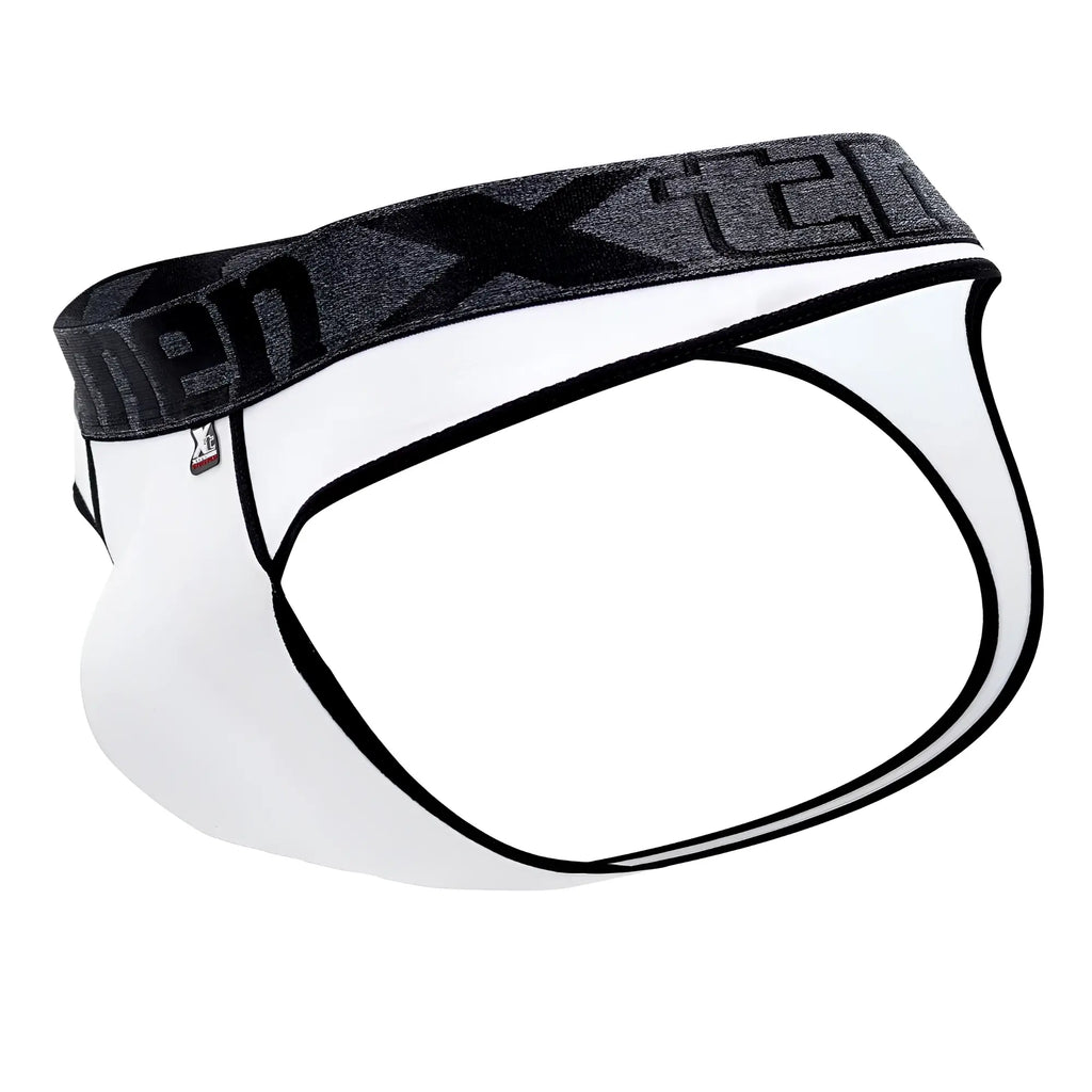 White xtremen 91101 microfiber thongs with black and gray xtreme logo waistband for men