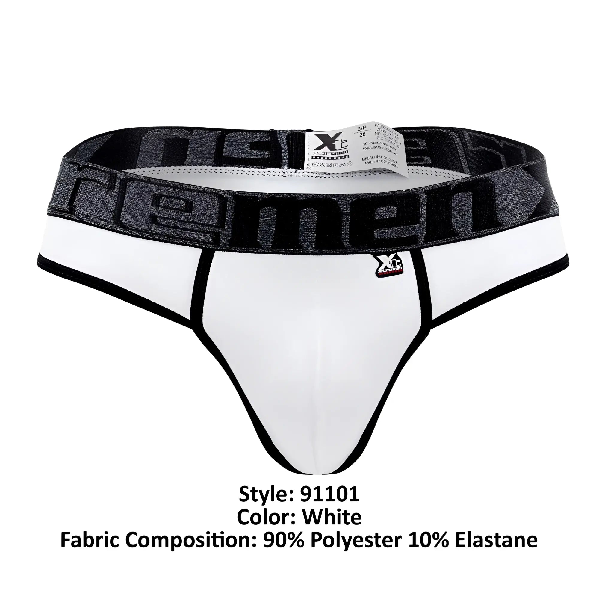 White xtremen 91101 microfiber thongs with black and gray patterned waistband featuring xtreme logo