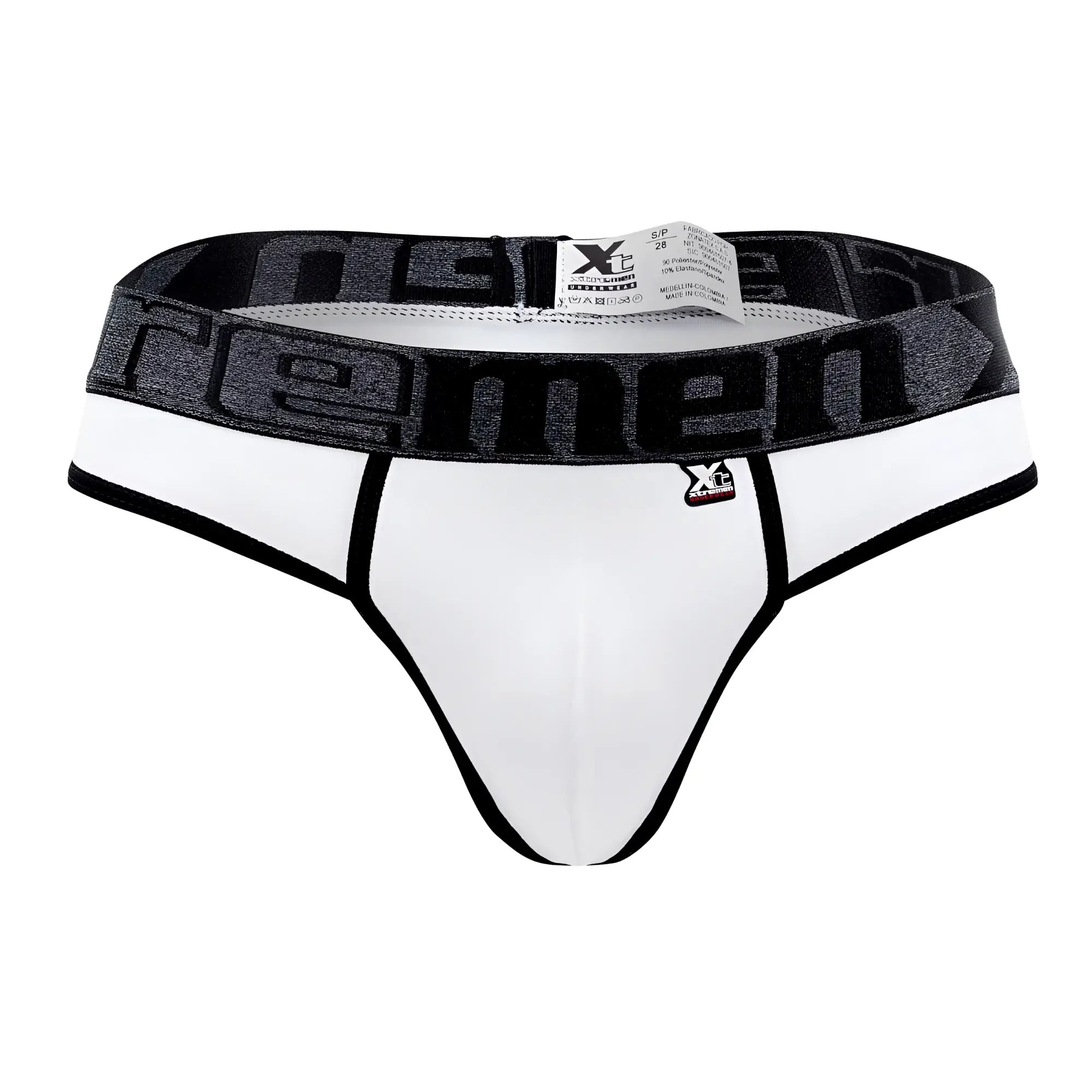 White xtremen 91101 microfiber thongs with black trim and gray xtreme branded waistband