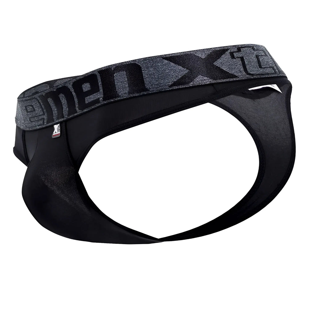 Black men’s microfiber briefs with gray textured waistband featuring menxt logo in black from xtremen 91101X collection