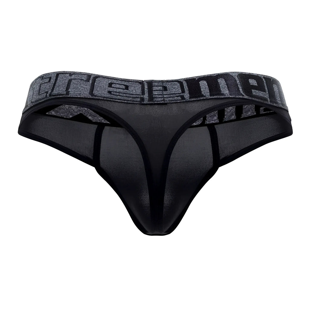 Black xtremen 91101x microfiber thong with mesh fabric and gray textured waistband featuring reem logo in black