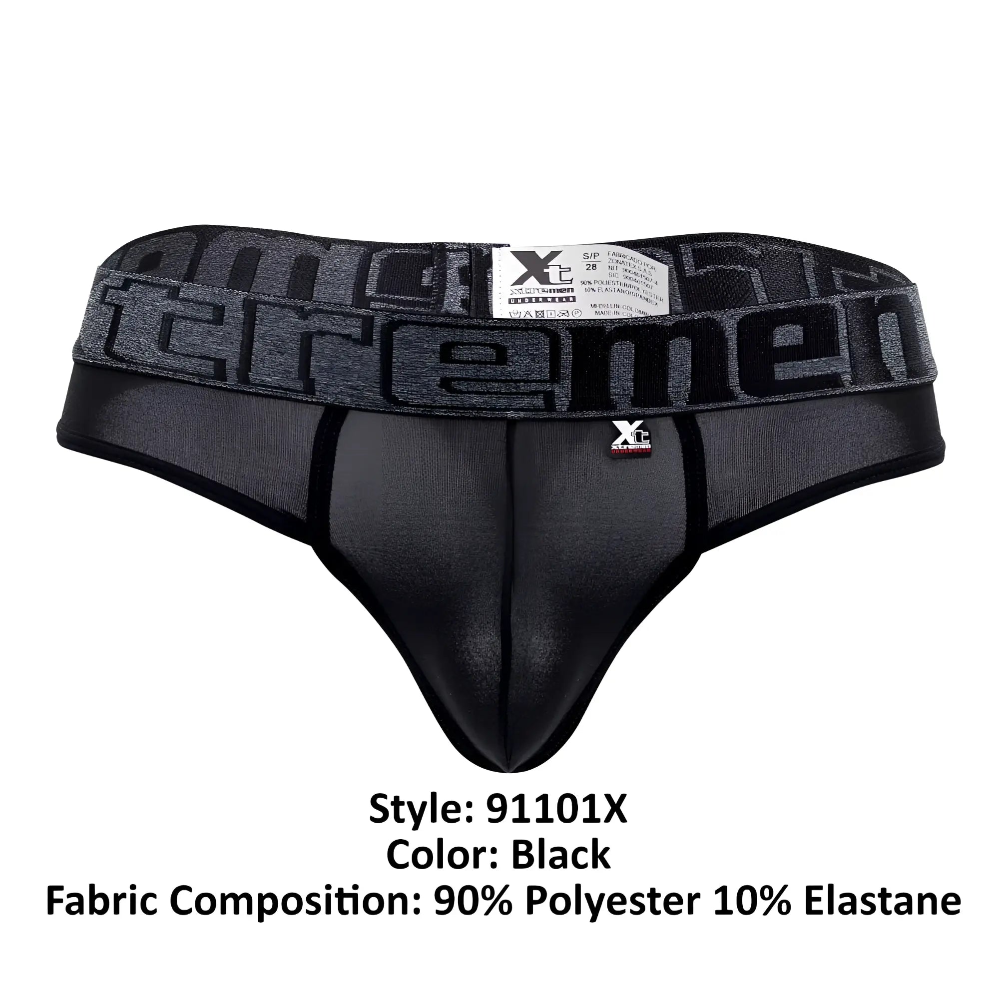Black xtremen 91101x microfiber thongs with textured waistband featuring bold brand name and small front logo