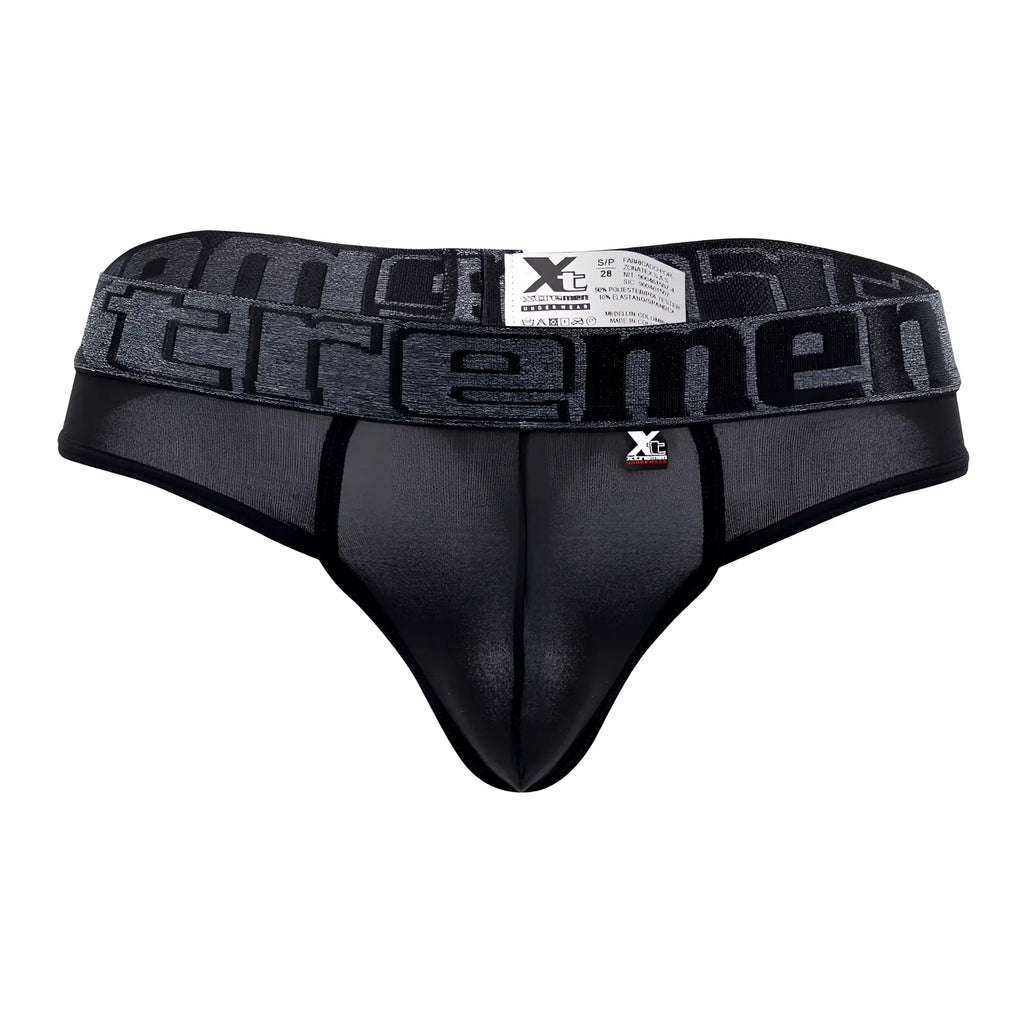 Black xtremen 91101X microfiber men’s thong with textured waistband featuring bold repeating brand name lettering