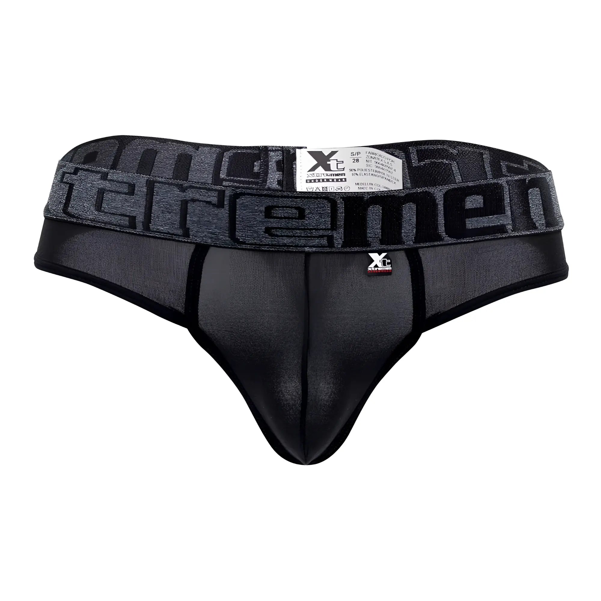 Black xtremen 91101X microfiber men’s thong with textured waistband featuring bold repeating brand name lettering