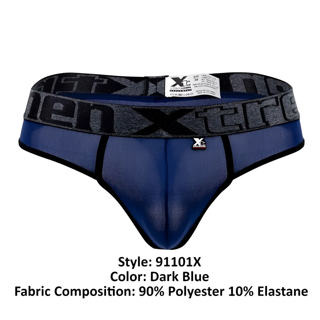 Dark blue men’s briefs with gray and black patterned xtreme logo waistband made of 90 polyester 10 elastane microfiber