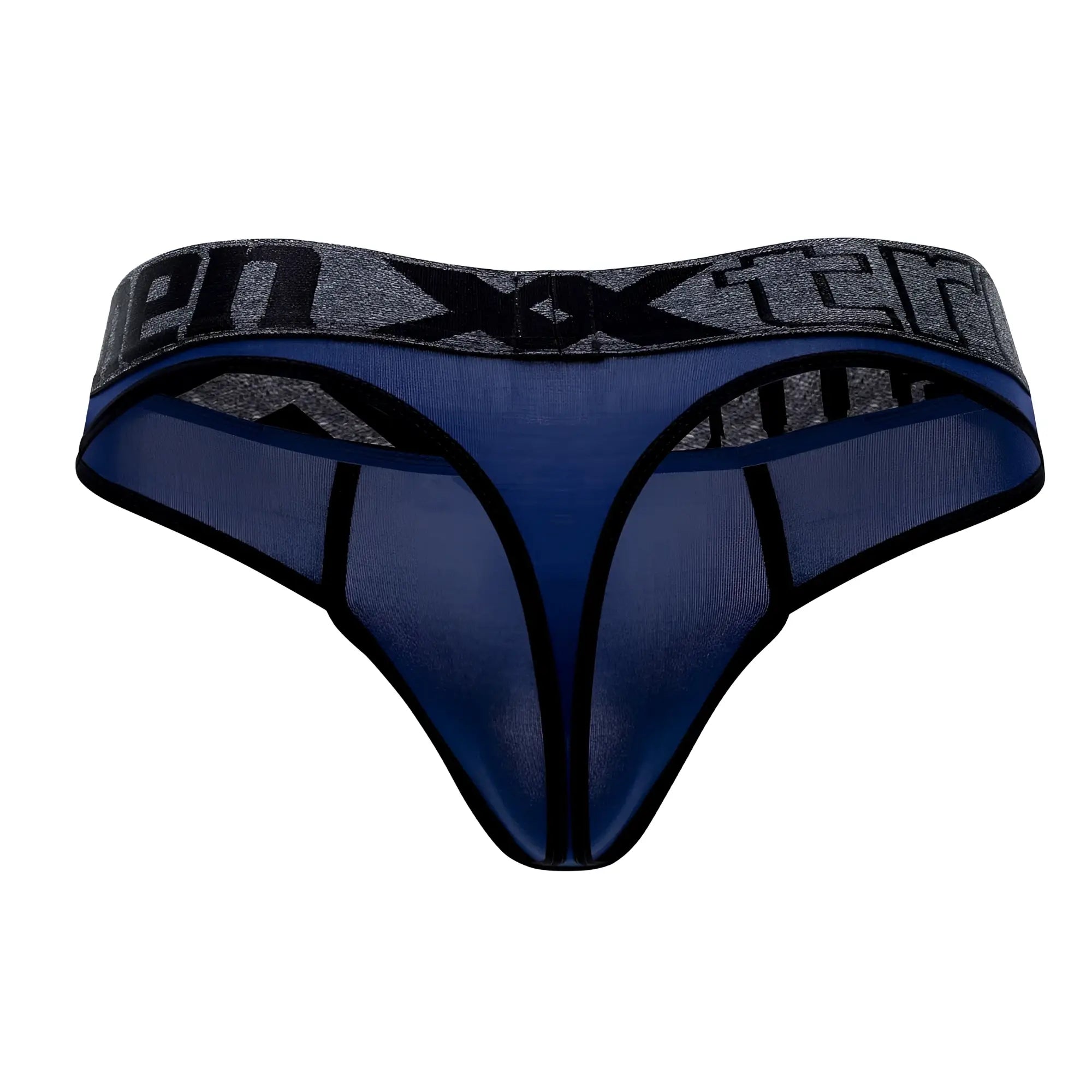 Blue mesh microfiber thong with gray and black xtremen branded waistband in dark blue color