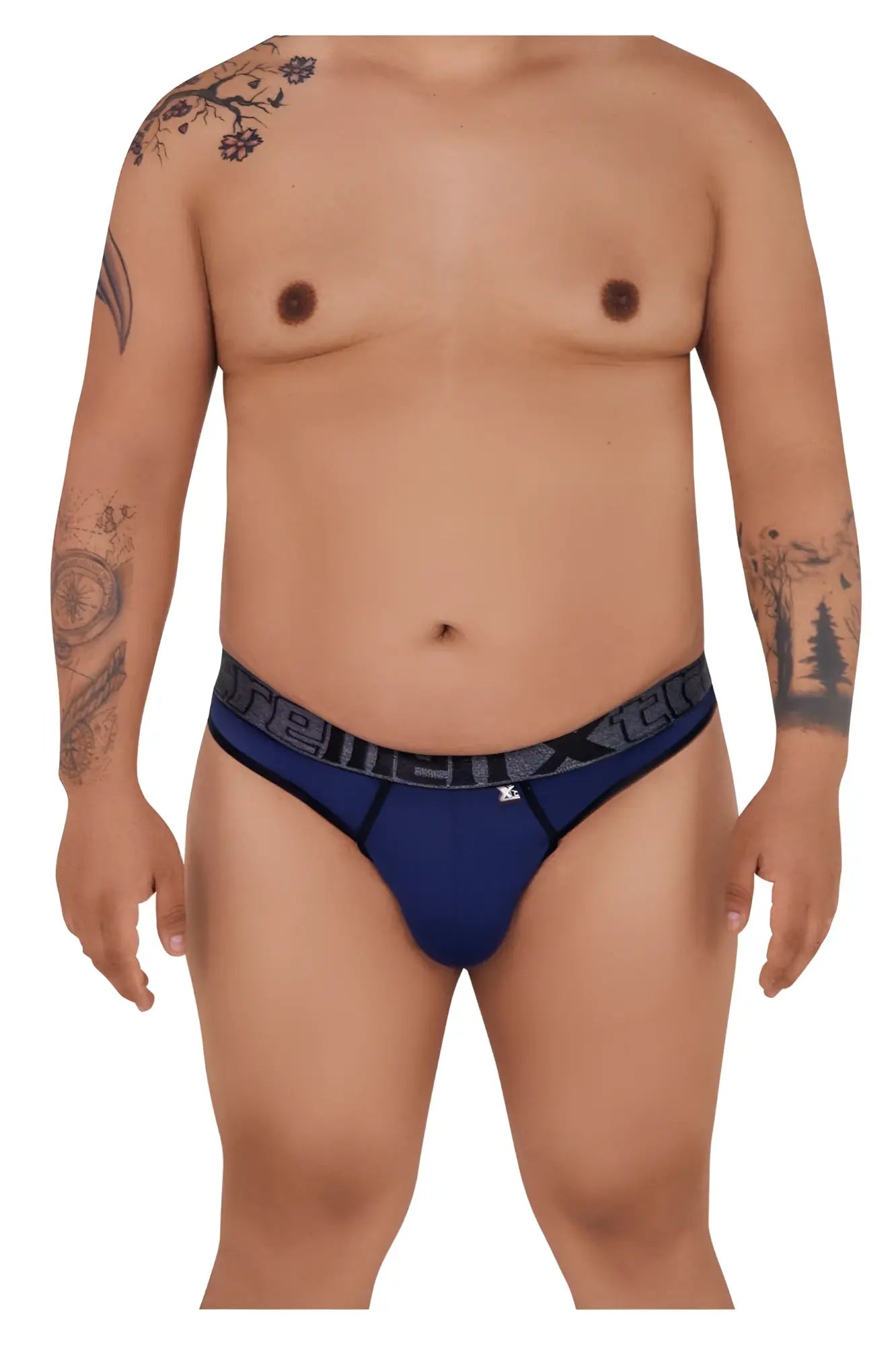 Navy blue xtremen 91101x microfiber athletic briefs with black waistband and strella branding in white lettering
