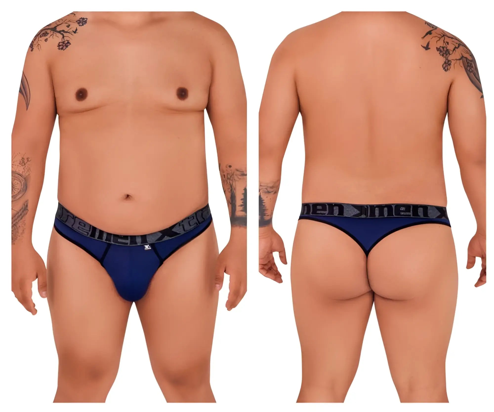 Navy blue menmed microfiber briefs with black elastic waistband featuring the menmed logo in white lettering
