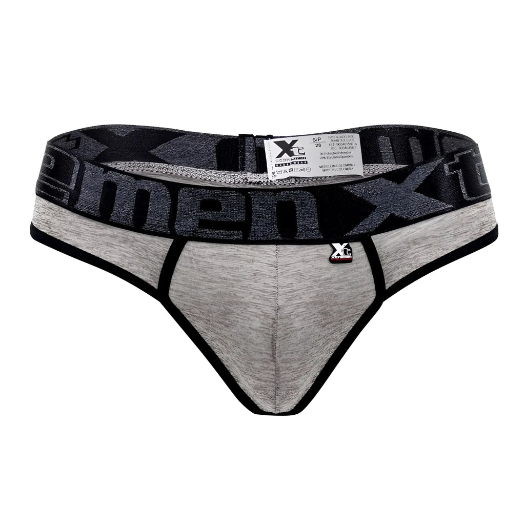 Gray heathered men’s microfiber briefs with black trim and bold x-men logo band in jasper gray color