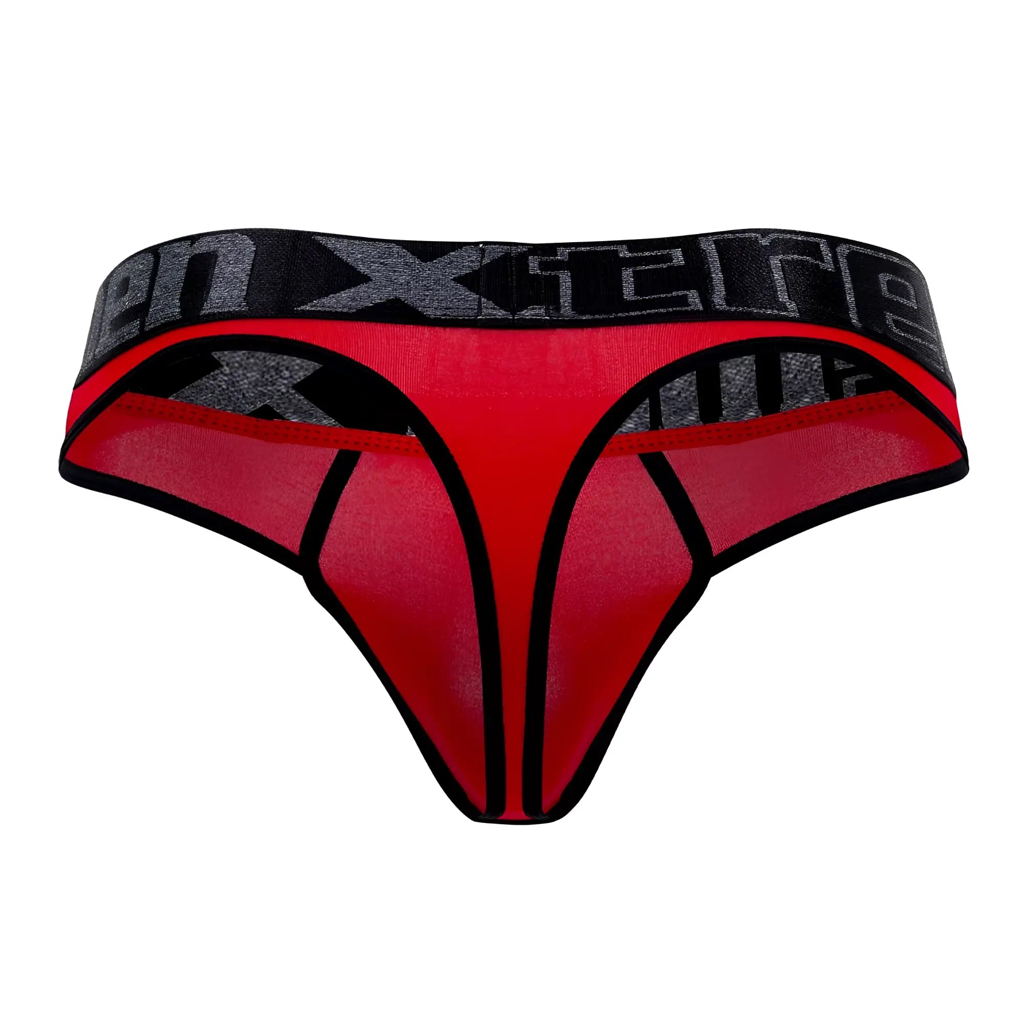 Xtremen 91101x red and black mesh microfiber thong with gray patterned waistband featuring x-te logo