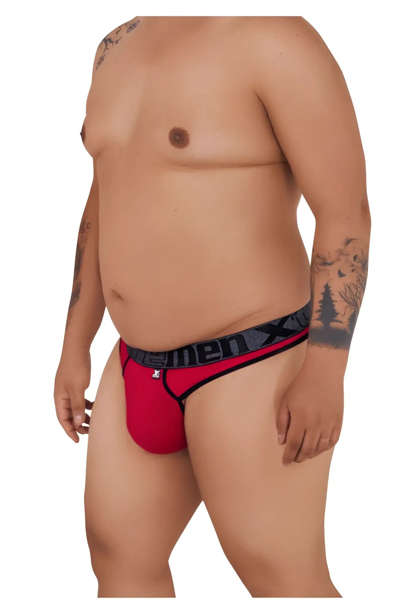 Red men’s microfiber briefs with black elastic waistband and men x logo for comfortable everyday wear