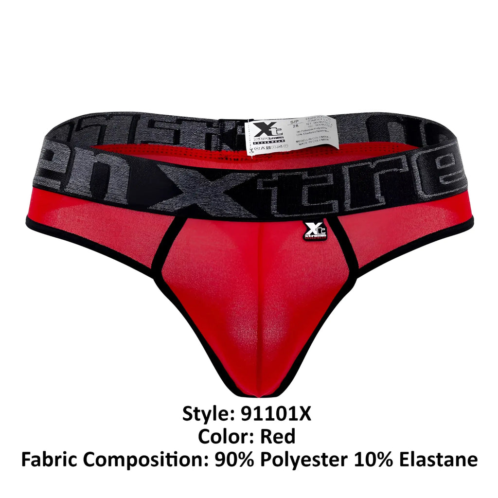 Red xtremen 91101x microfiber extreme thong with black and gray patterned waistband shown from the back side
