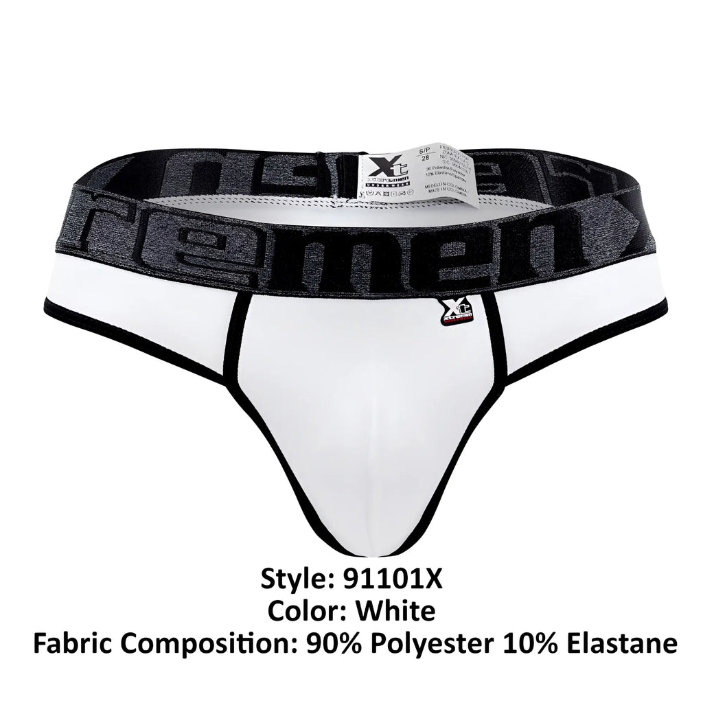 White men’s briefs with black xtreme logo waistband made of 90 polyester 10 elastane microfiber material