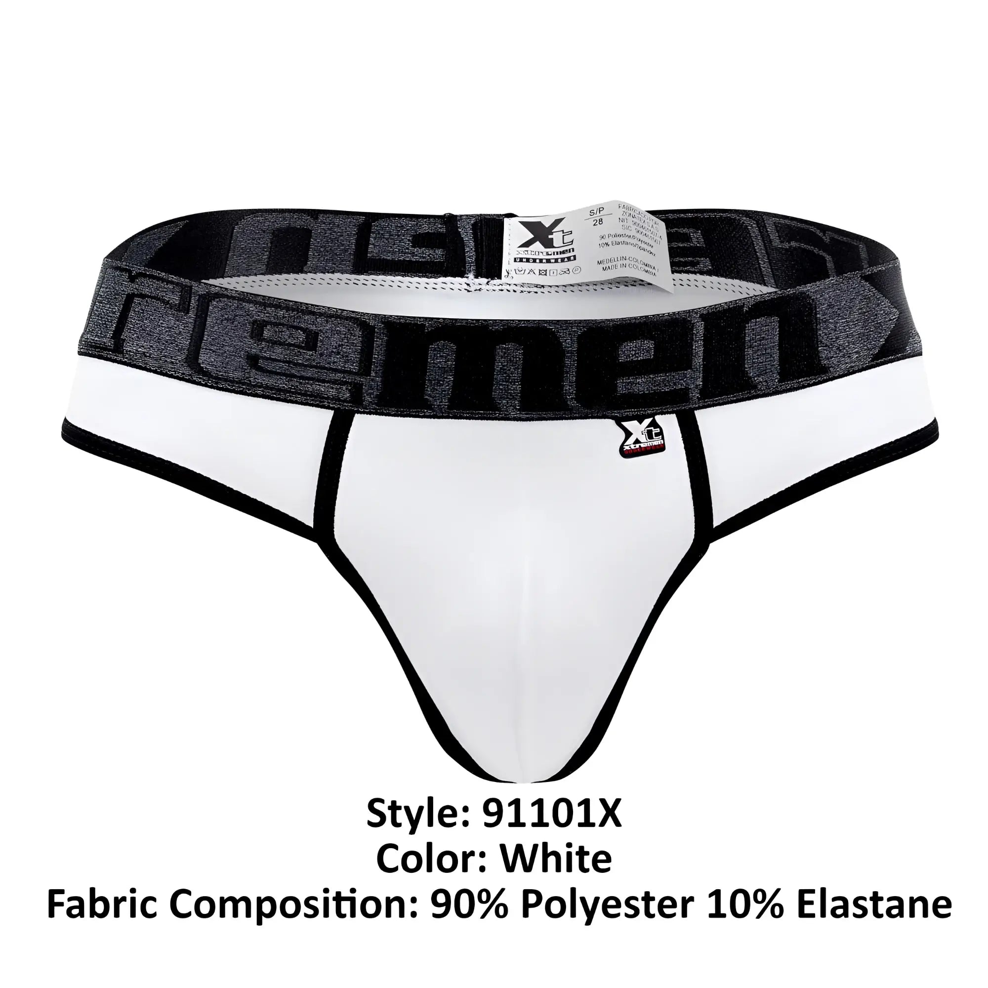 White men’s briefs with black xtreme logo waistband made of 90 polyester 10 elastane microfiber material