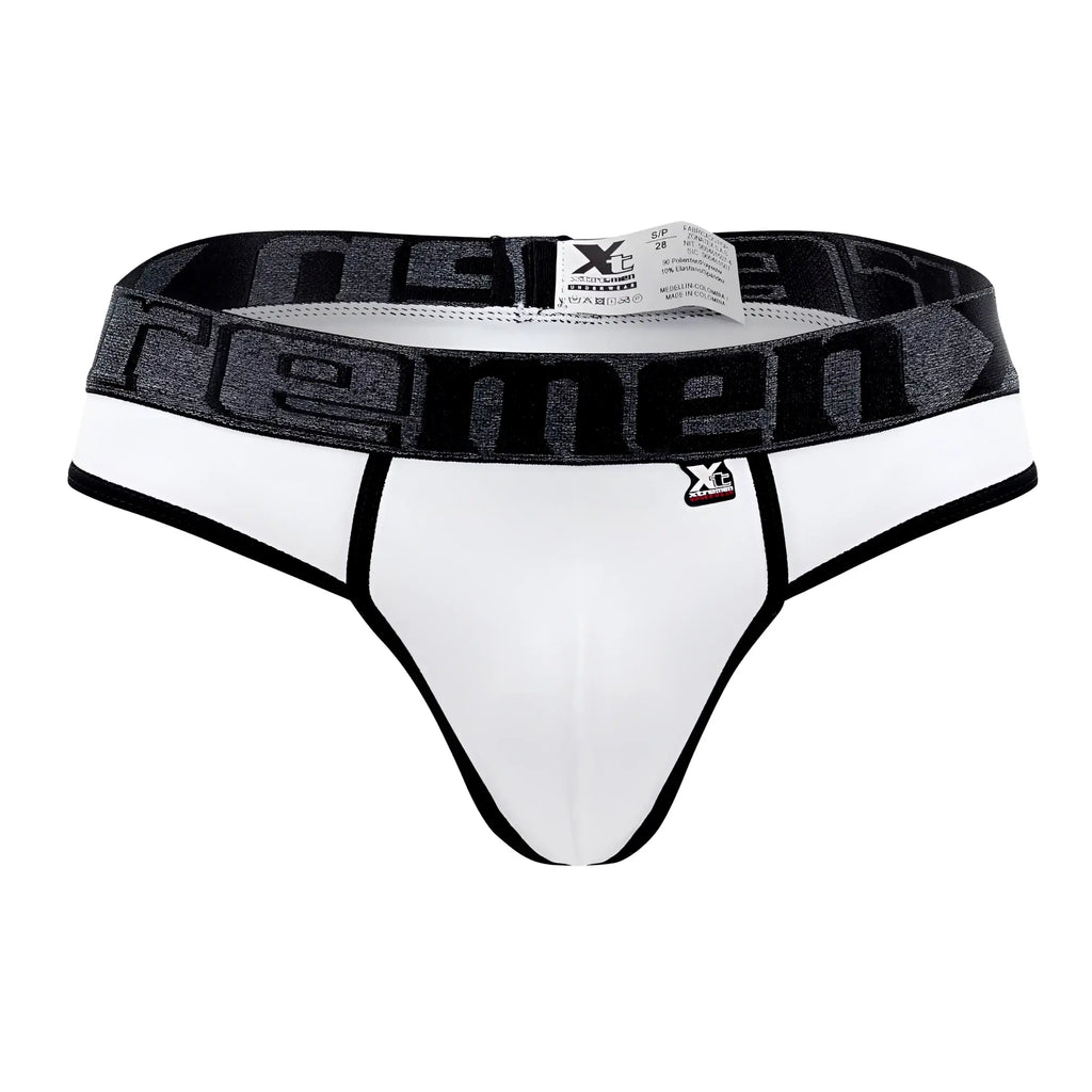 White xtremen 91101x microfiber briefs with black trim and gray xtreme branded waistband front view