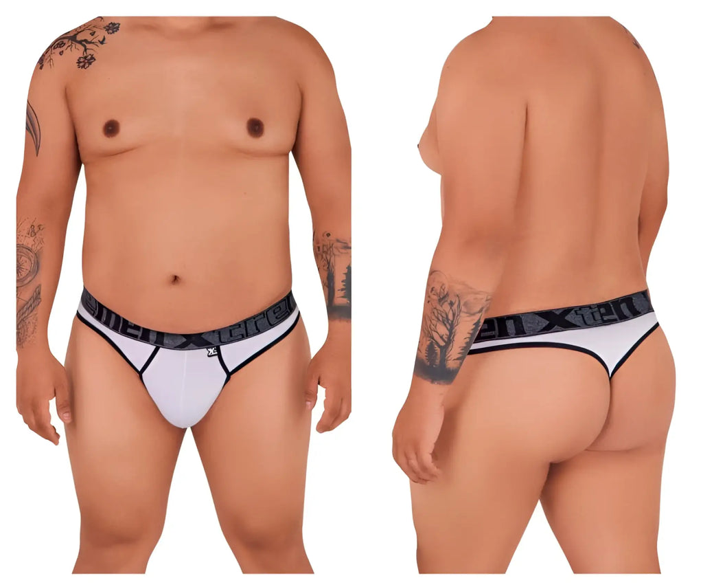 White men’s microfiber thong with black trim and branded waistband xtremen 91101x showing back side