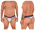 White men’s microfiber thong with black trim and branded waistband xtremen 91101x showing back side