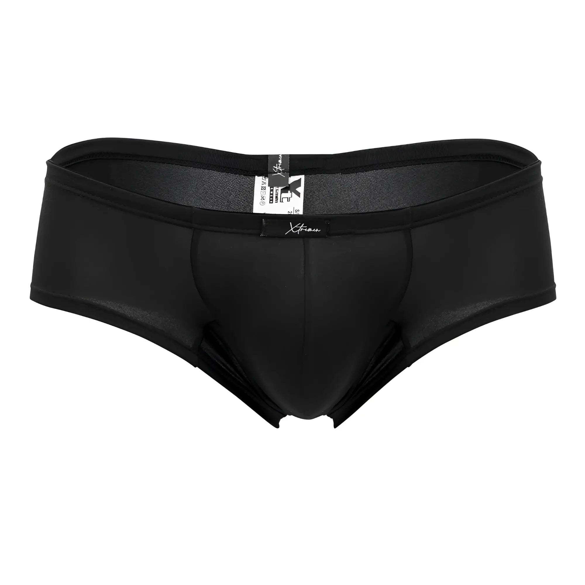Black xtreme men’s briefs with smooth shiny microfiber fabric and breathable mesh panels for comfort and style