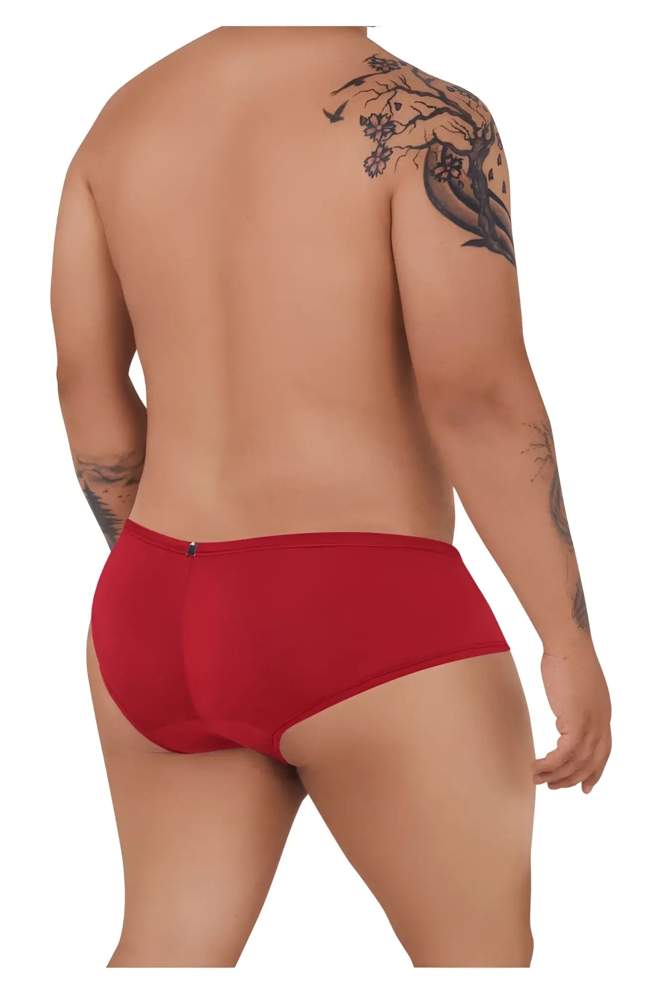Red xtremen 91103x microfiber trunks showing smooth fabric and a small zipper at the back