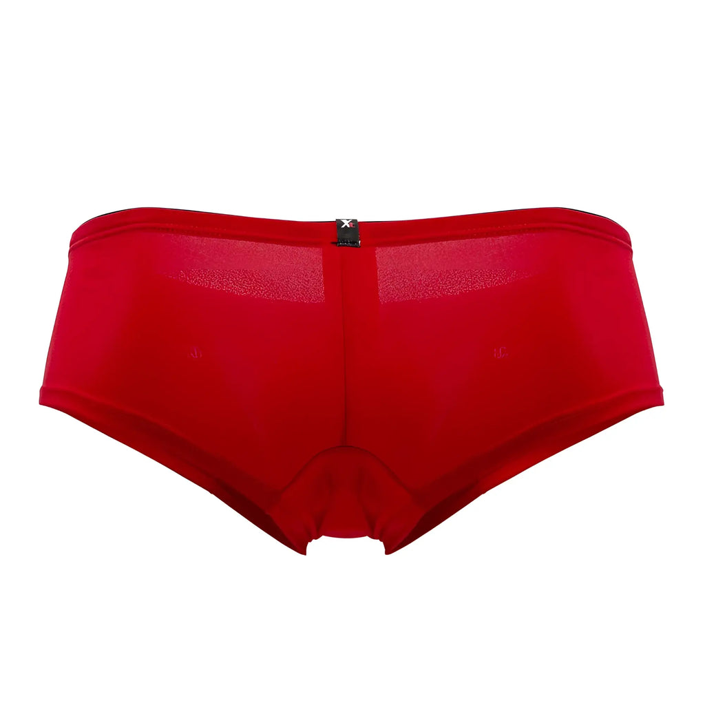 Back view of xtremen 91103x red microfiber briefs with seamless design sheer mesh panel and black brand tag