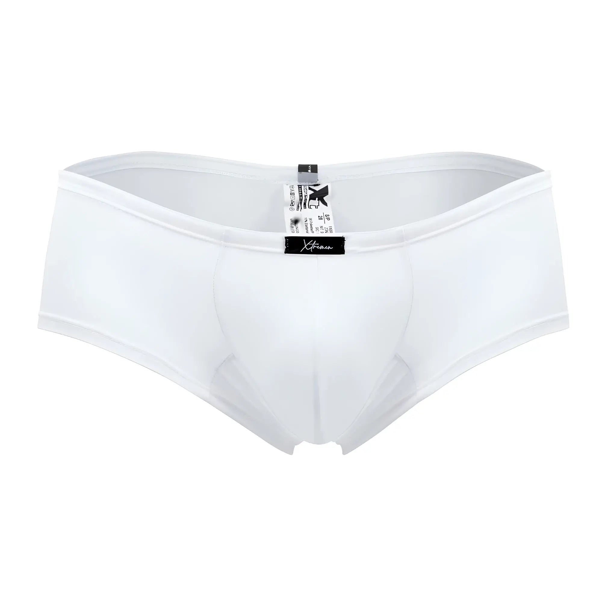 White xtremen 91103x microfiber trunks are form-fitting men’s briefs with an elastic waistband in white
