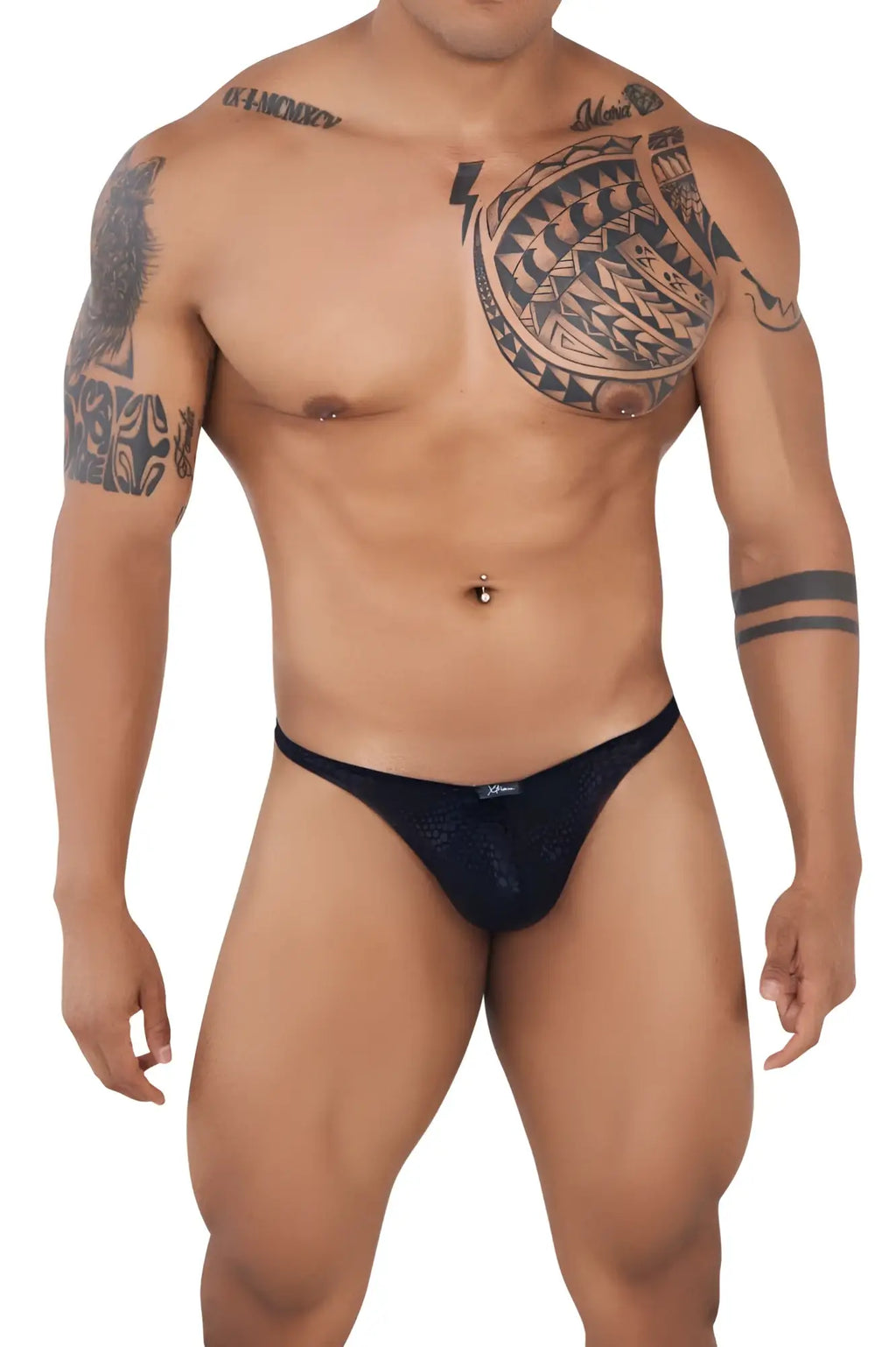 Xtremen 91120 lace thongs in black feature black mesh briefs with a subtle pattern and a small brand logo on the front