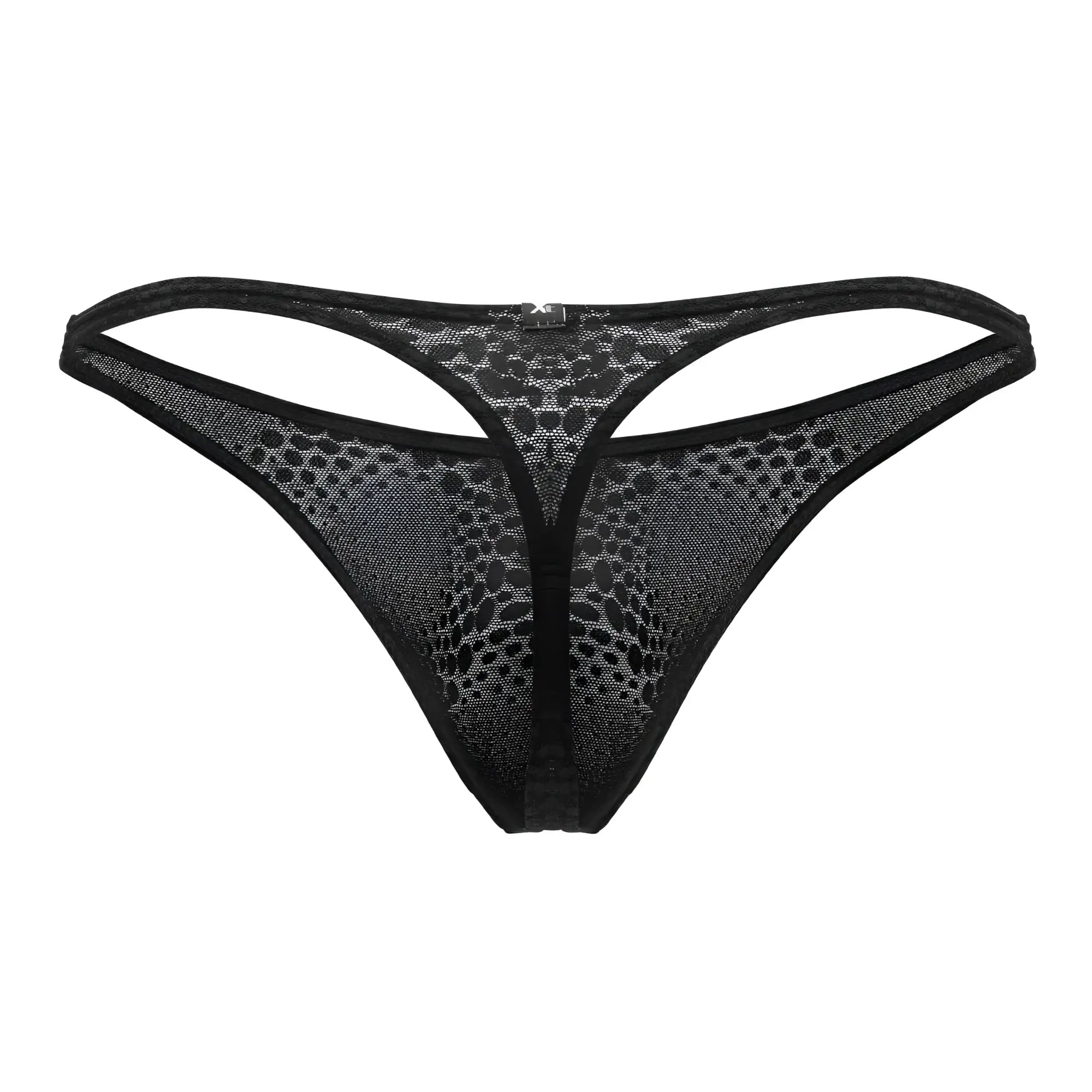 Black mesh thong with subtle leopard print and reinforced elastic waistband from Xtremen 91120 lace thongs collection