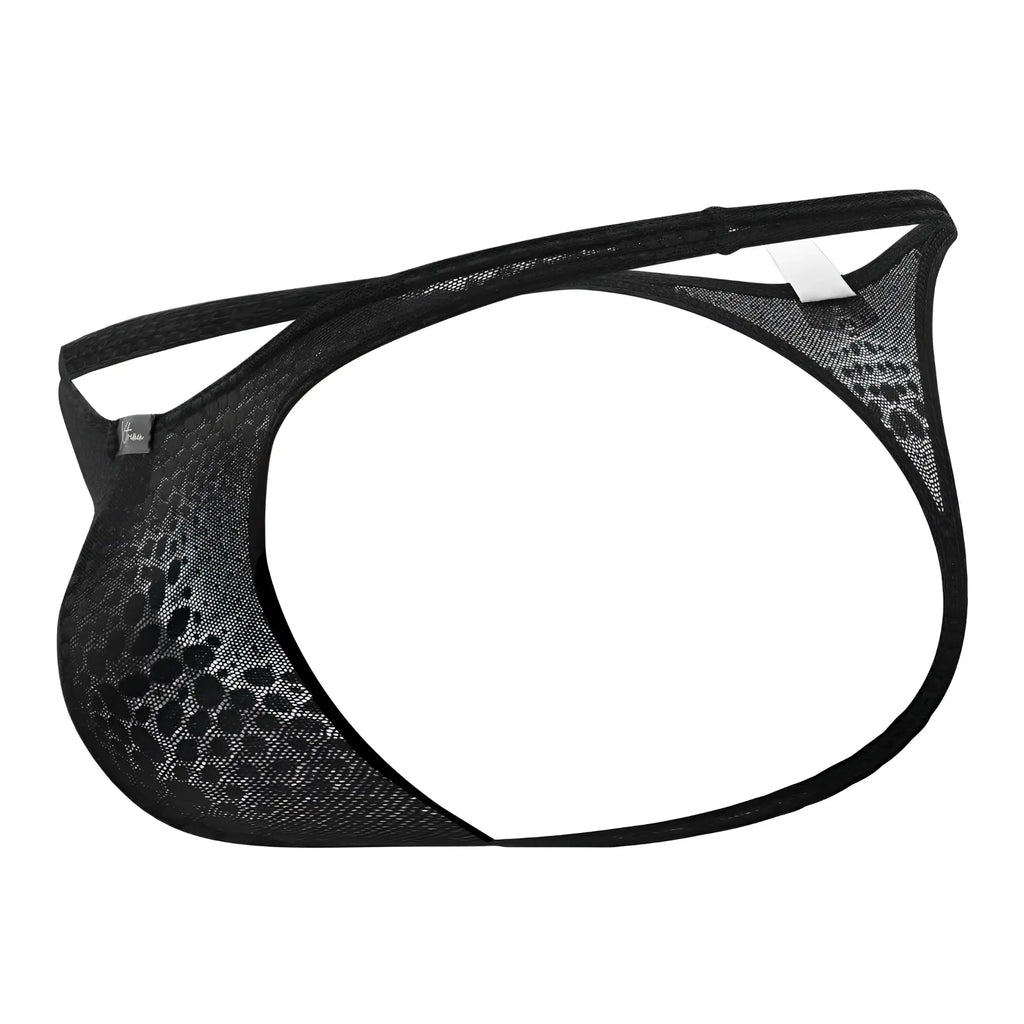 Xtremen 91120 lace thong in black with black mesh fabric subtle leopard print and reinforced elastic straps
