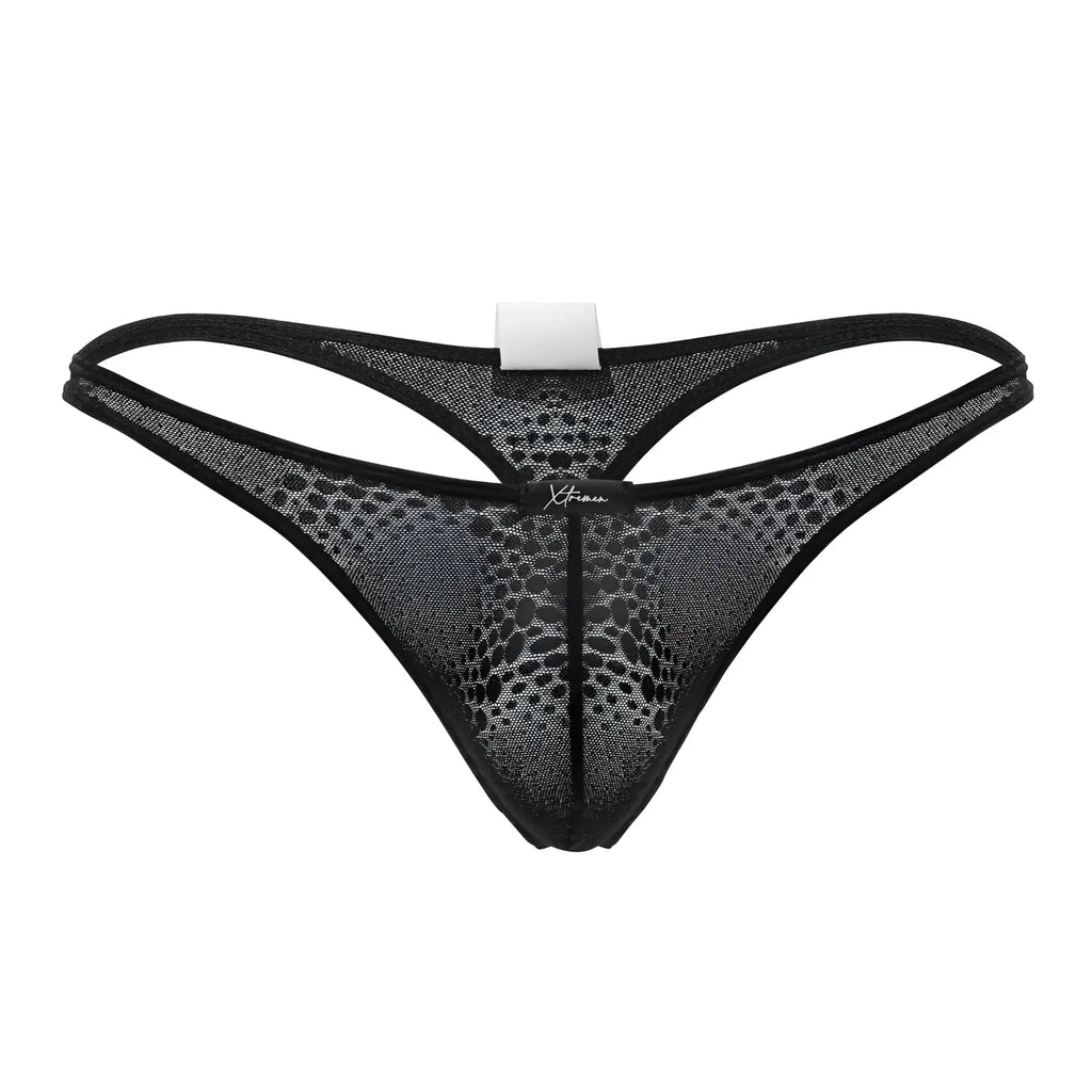 Black mesh thong with subtle pattern and reinforced edges from Xtremen 91120 lace thongs in black color