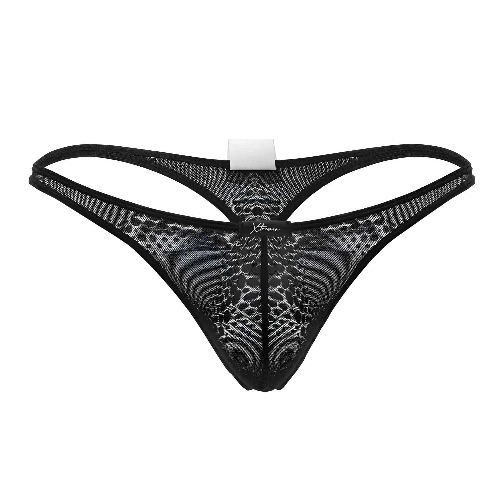 Black mesh thong with subtle pattern and reinforced edges from Xtremen 91120 lace thongs in black color