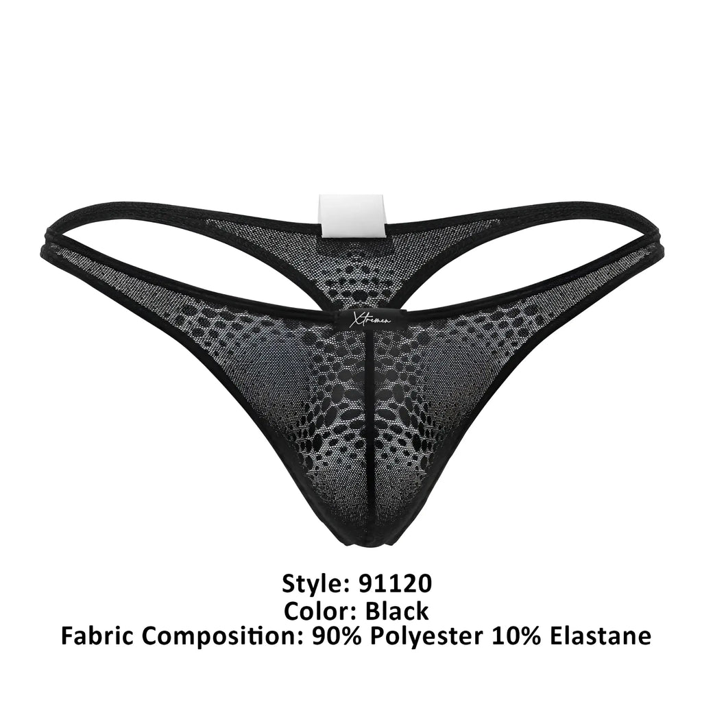 Black mesh xtremen 91120 lace thong with subtle pattern and reinforced edges showing front view