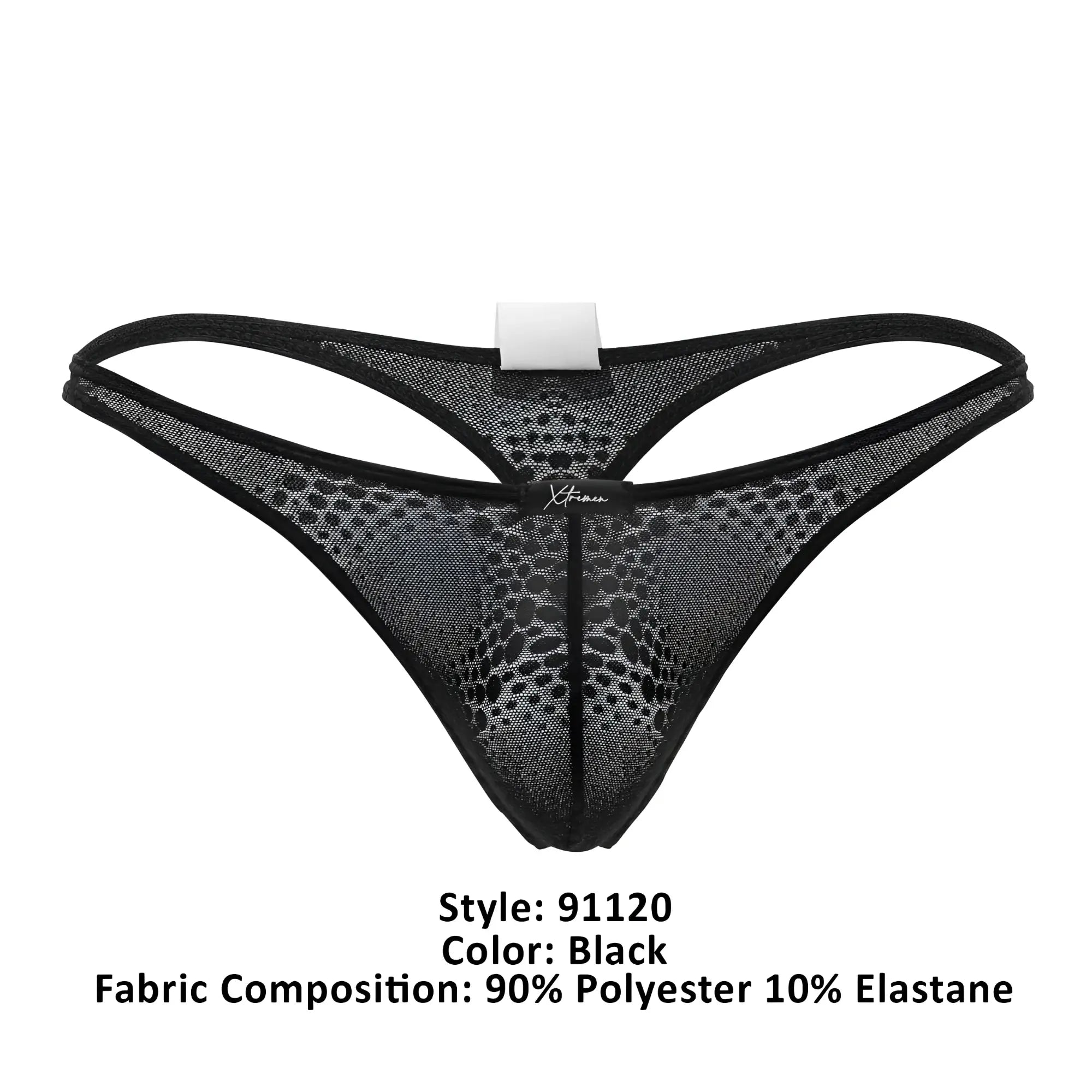 Black mesh xtremen 91120 lace thong with subtle pattern and reinforced edges showing front view