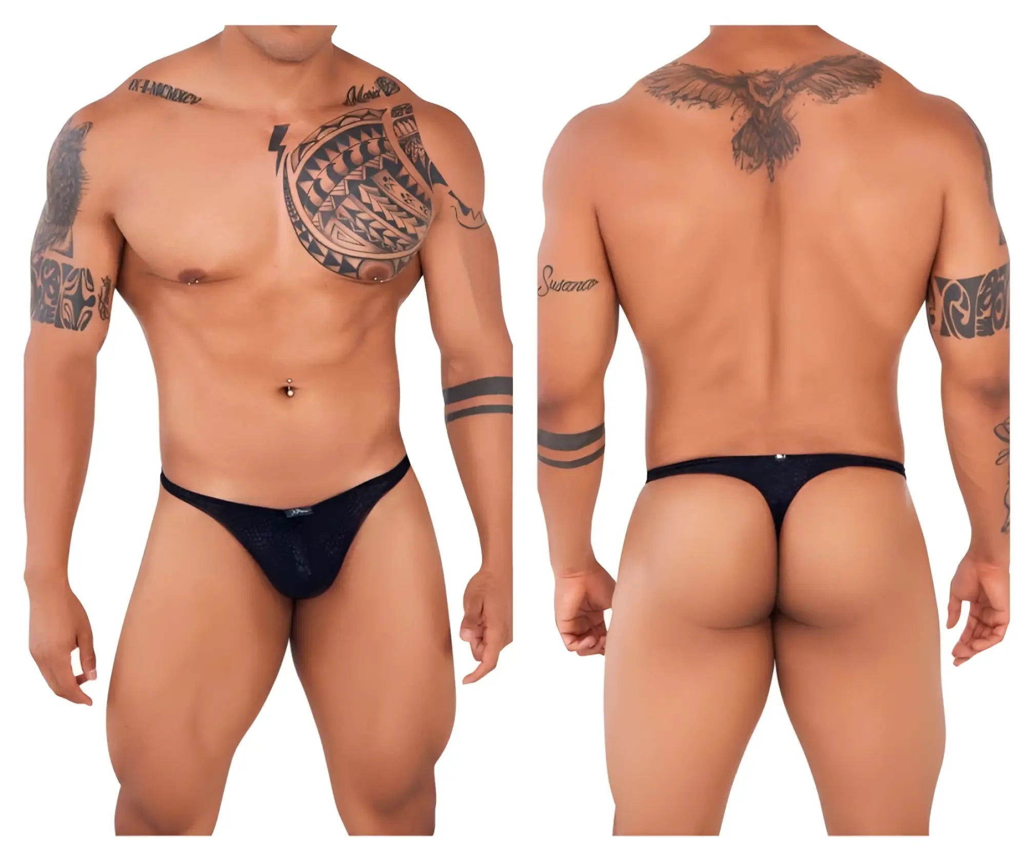 Black xtremen 91120 mesh thong with subtle textured pattern and lace detailing for comfortable wear
