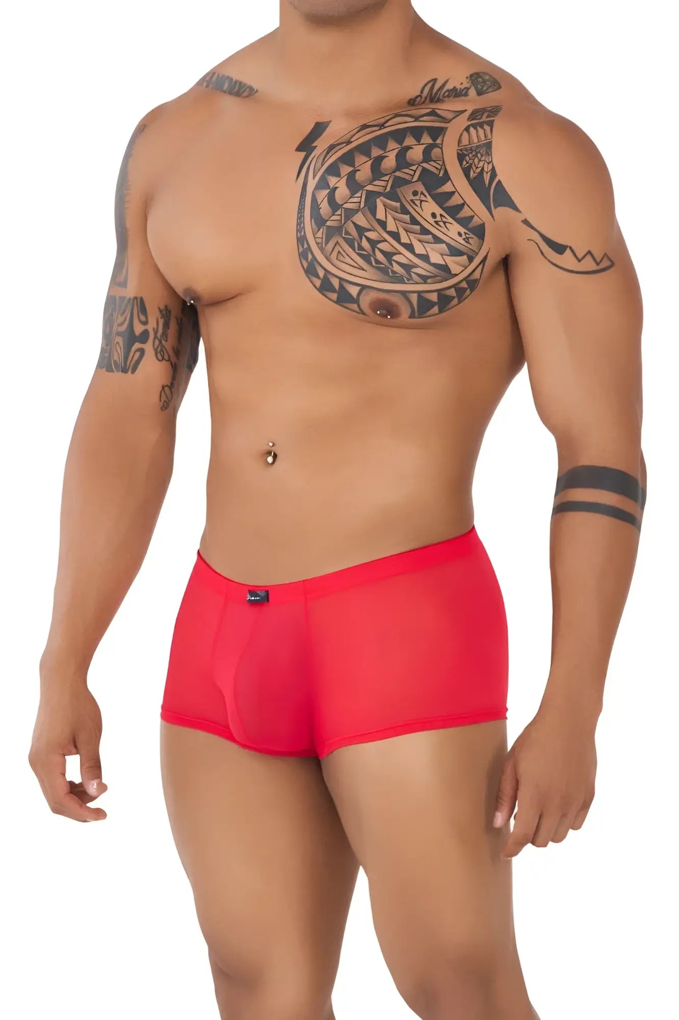 Bright red Xtremen 91127 mesh trunks featuring sheer mesh fabric and a small blue brand tag on the waistband