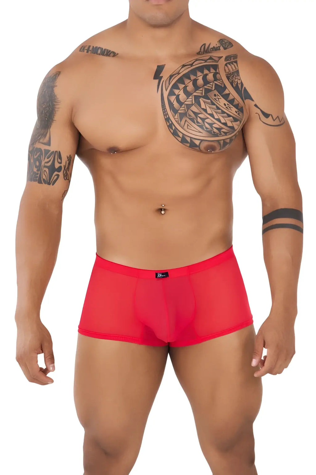 Red xtremen 91127 mesh trunks featuring sheer fabric and a black brand tag on the waistband