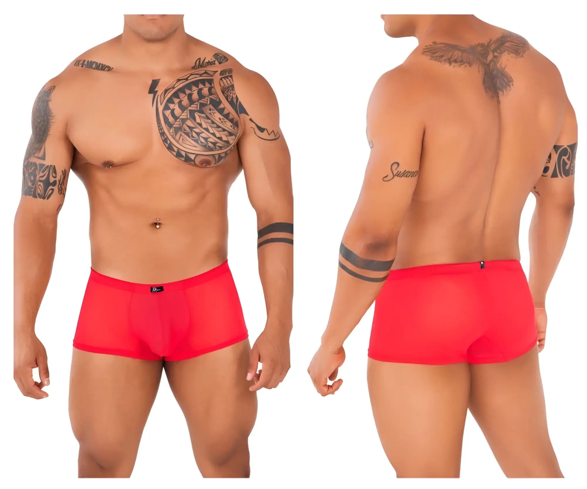 Red sheer mesh briefs xtremen 91127 with black logo waistband showing front side product details