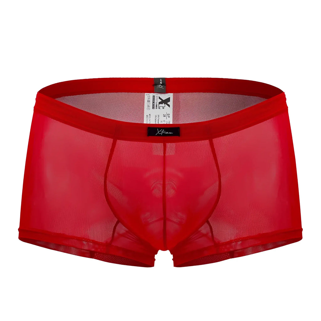 Xtremen 91127 mesh trunks are red sheer mesh men’s briefs with a solid red waistband and black brand tag