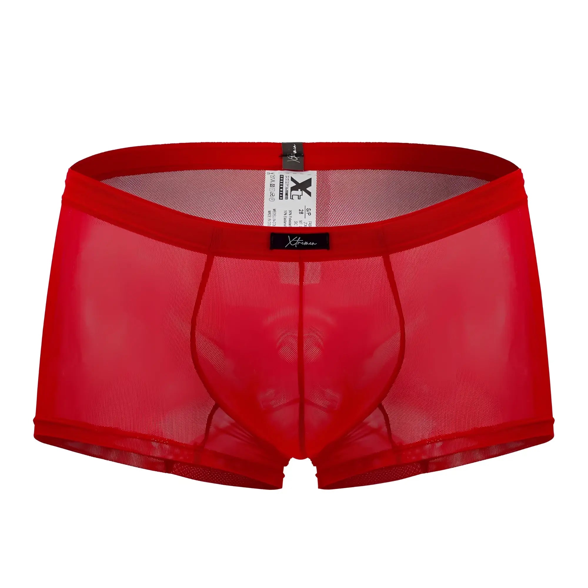 Xtremen 91127 mesh trunks are red sheer mesh men’s briefs with a solid red waistband and black brand tag