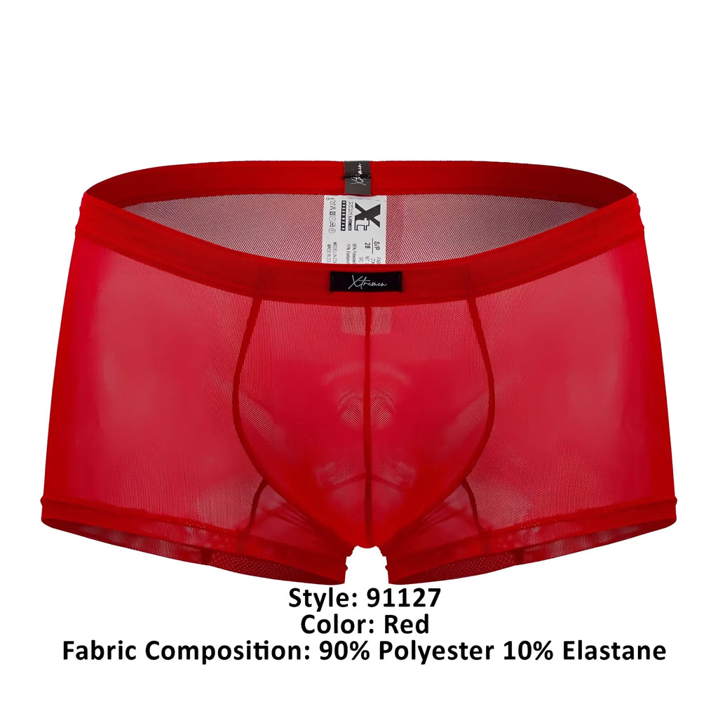 Red sheer mesh briefs with a solid red waistband and black xtremen brand tags in color red model 91127