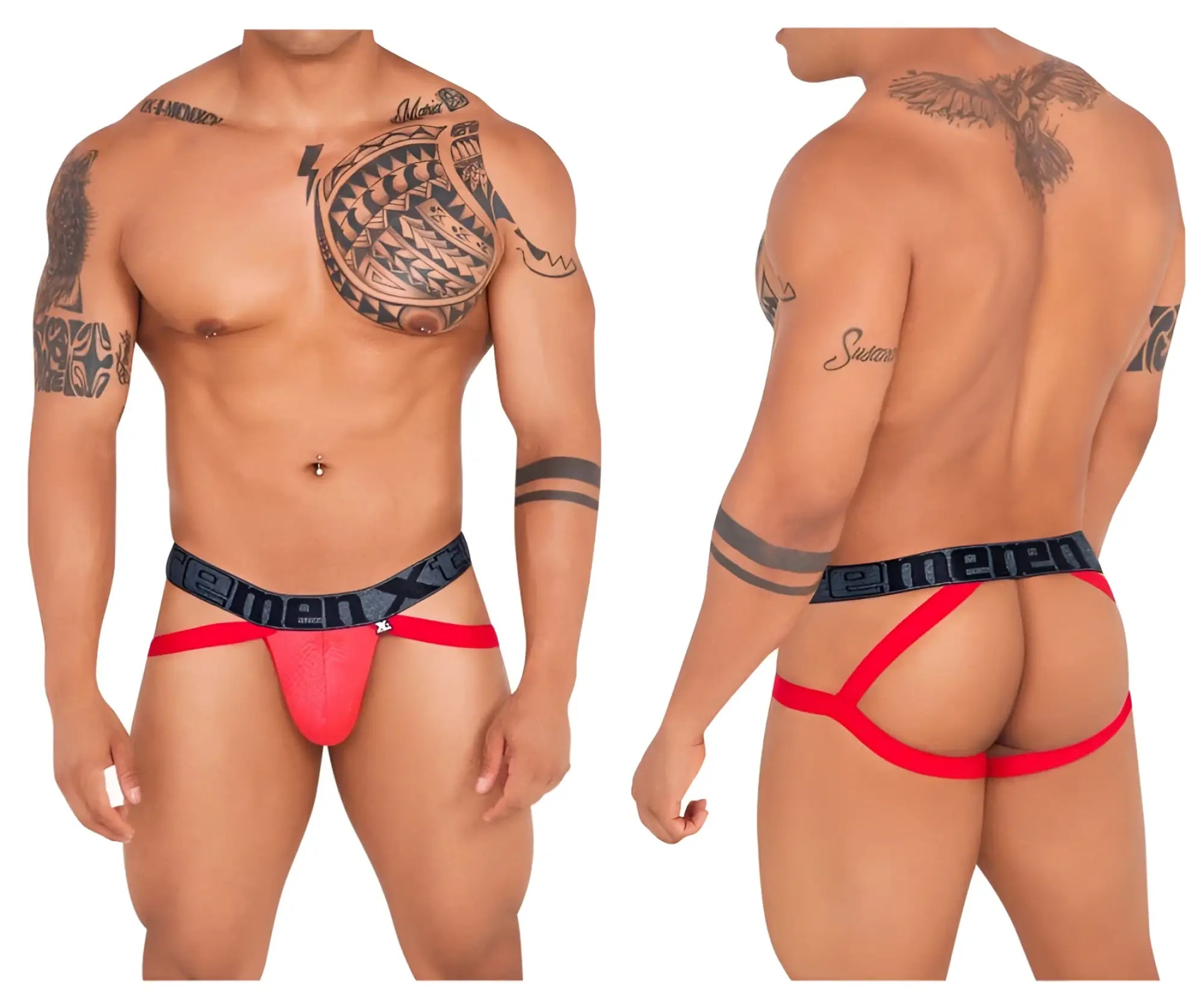 Red and black men’s briefs with bold snake print waistband featuring xtremen brand name in color red